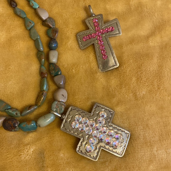 Double Genuine Turquoise Necklace 2 Cross Pendants Cowgirl Western Vintage - Picture 4 of 13